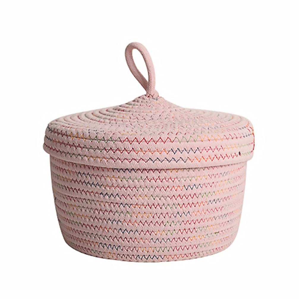 Storage Baskets Round Cotton Rope Basket Hamper Basket with Lid Decorative Woven Basket Storage Boxes For Shelves Container for Snacks Towels Plants (Pink)