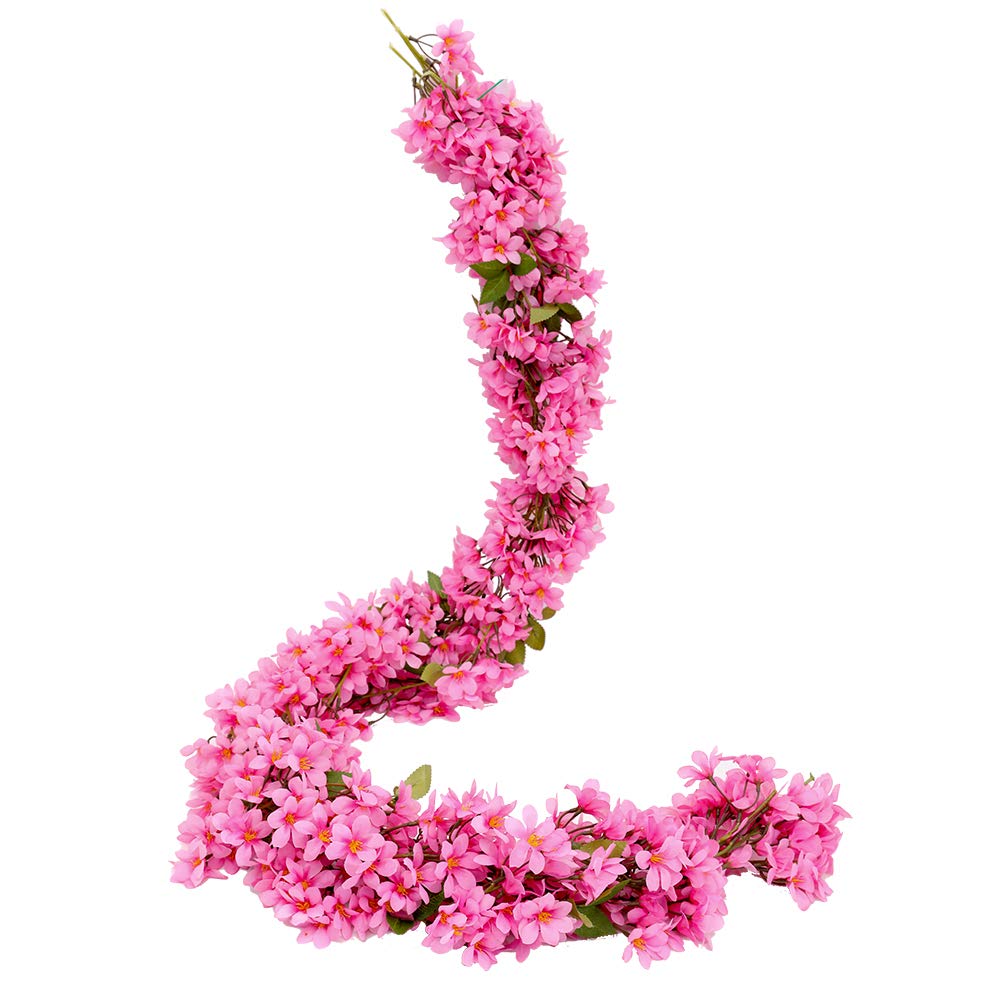 JUSTOYOU 2 Pcs 5.7FT Artificial Flowers Cherry Blossom Sakura Hanging Vine Fake Sakura Garland Fake Oriental Cherry Wreath Home Garden Party Wedding Decor（Rose Red） — image 1