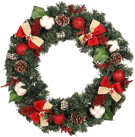 Amazon Co Jp クリスマスリース花輪pvc松ぼっくりカポック装飾花輪壁掛け手作り装飾 赤い化粧花輪50cm ホーム キッチン