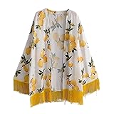 Women Beach Lemon Print Kimono Sleeve Fringe Trim