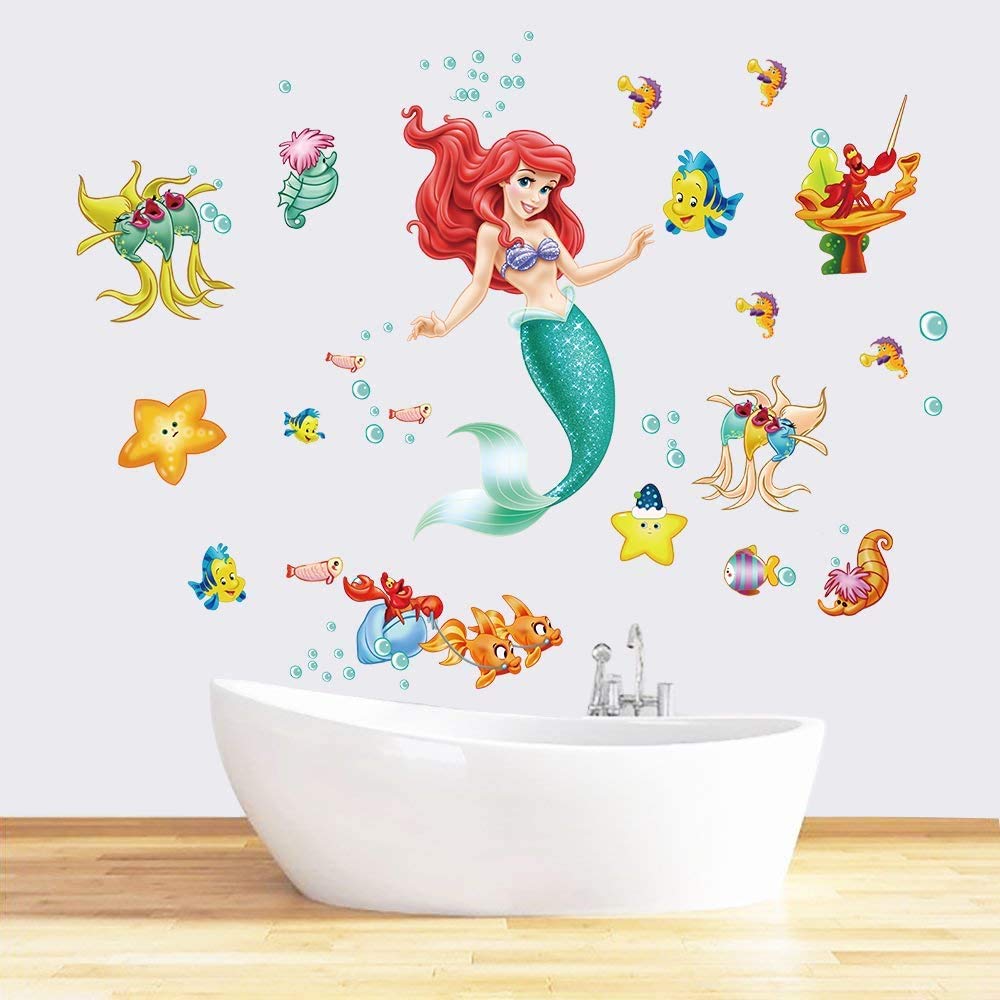 Runtoo The Little Mermaid Wall Decal for Girls Ariel Wall Stickers Princess Fish Wall Décor for Girls Bedroom Baby Nursery