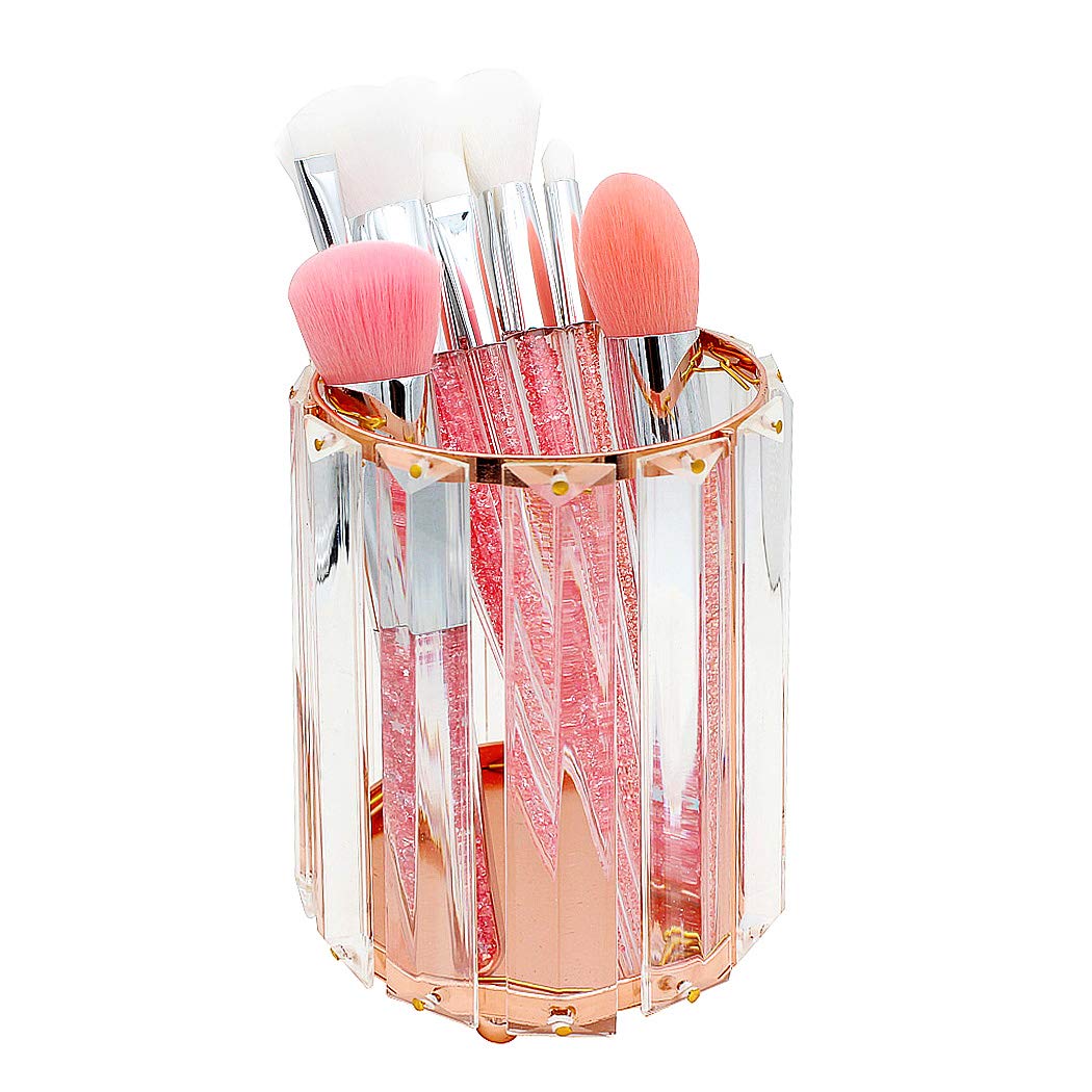 SIPLIV Crystal Makeup Brush Holders Pen Holder Cosmetic Storage Holder Beauty Brush Holder Office Desk Organizer - Round, Rose Gold