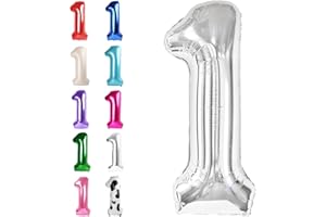 UPGESY Silver Number 1 Balloon 40 inch, 1 Number Birthday Balloon for Boy Girl, Silver One for 1st 10 11 12 16 18 Birthday Party, Anniversary Celebration Number Balloons