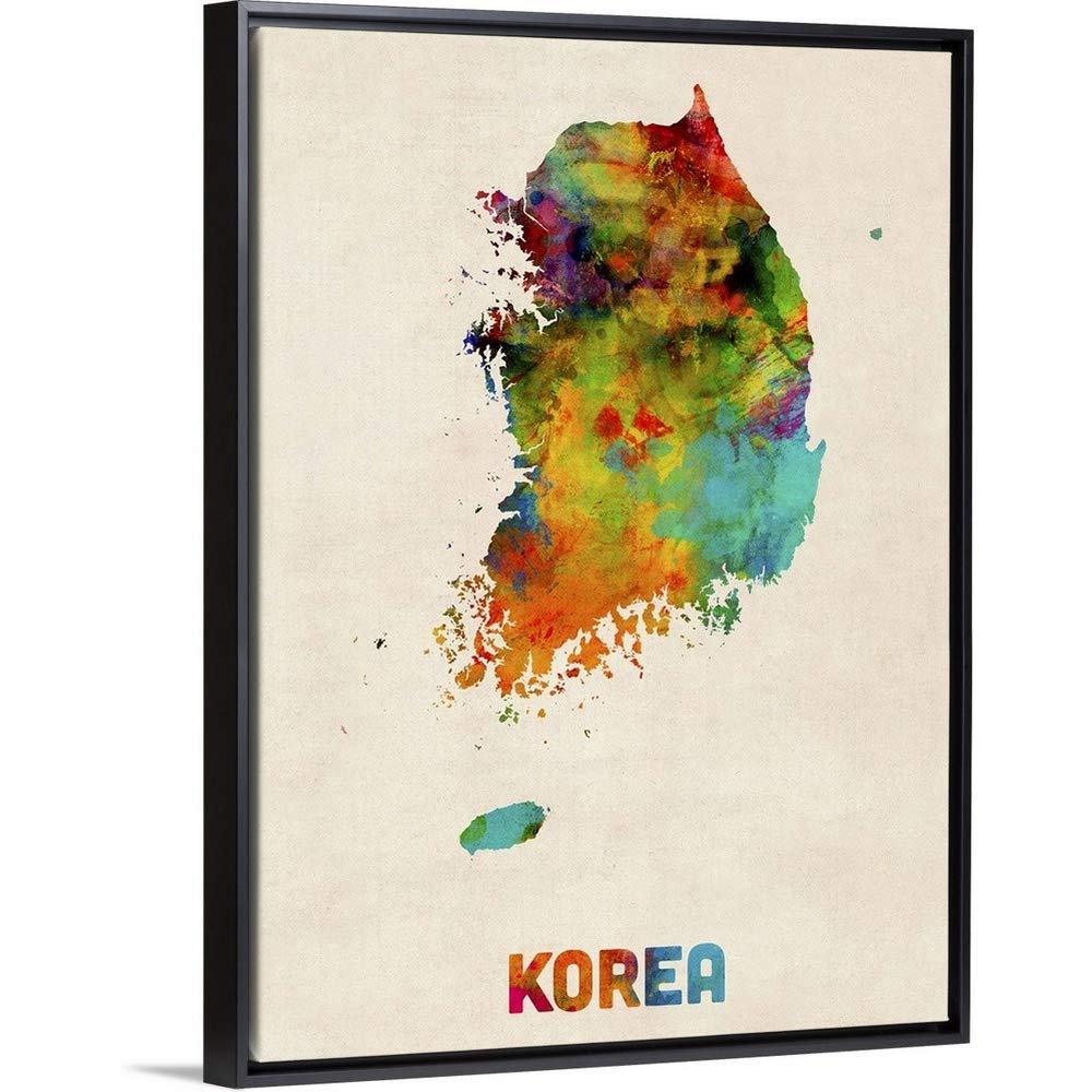 Korea Watercolor Map Black Float Frame Canvas Art, 38"x50"x1.75"