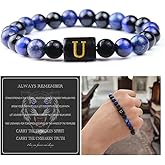 Initial Bracelet for Men - Blue Tigers Eye Lapis Lazuli Obsidian Triple Protection Bracelet 8mm Beaded Bracelets for Men, Christmas Anniversary Birthday Valentines Gifts for Dad Son Husband Boyfriend Brother