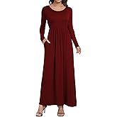 HAOMEILI Women's Long Sleeve Loose Plain Long Maxi Casual Dresses with Pockets M Wine Red