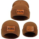 ZUYYON 3 Pcs Parent-Child Beanie Hats Mama PAPA MINI Leather Patch Winter Knit Cap Warm Cuffed Cap Matching Family Beanie Hat