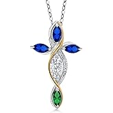 Cross Necklace For Women In 925 Silver and 10K Yellow Gold with Moissanite and Created Sapphire and Nano Emerald | 1.47 Cttw | Jesus Christian Religious Crucifix | Marquise 8X4MM | 18 Inch Chain