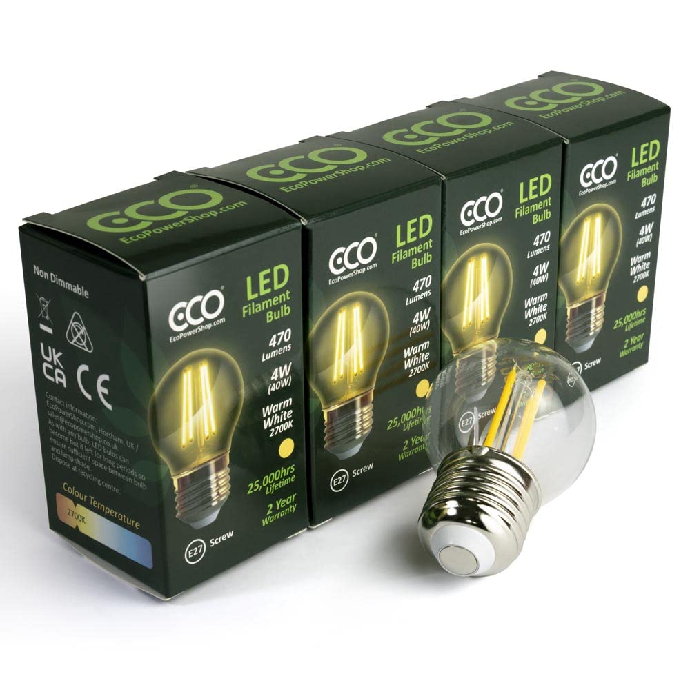 ECO 40W Vintage LED Golf Ball Bulb, Low Energy 4W LED Filaments, 470 Lumen, Clear Glass, Warm White (2700K), E27 Large Edison Screw Fitting, G45 Golf Ball Size, 25000Hrs Lifetime
