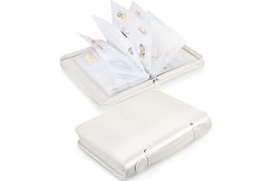 SKYREH Jewelry Travel Organizer Case, PU Leather Portable Jewelry Storage Book with Transparent Pockets Zipper Bag for Necklaces, Earrings, Bracelets(48 Grids+48 Thicken PVC Bags), Pearl White