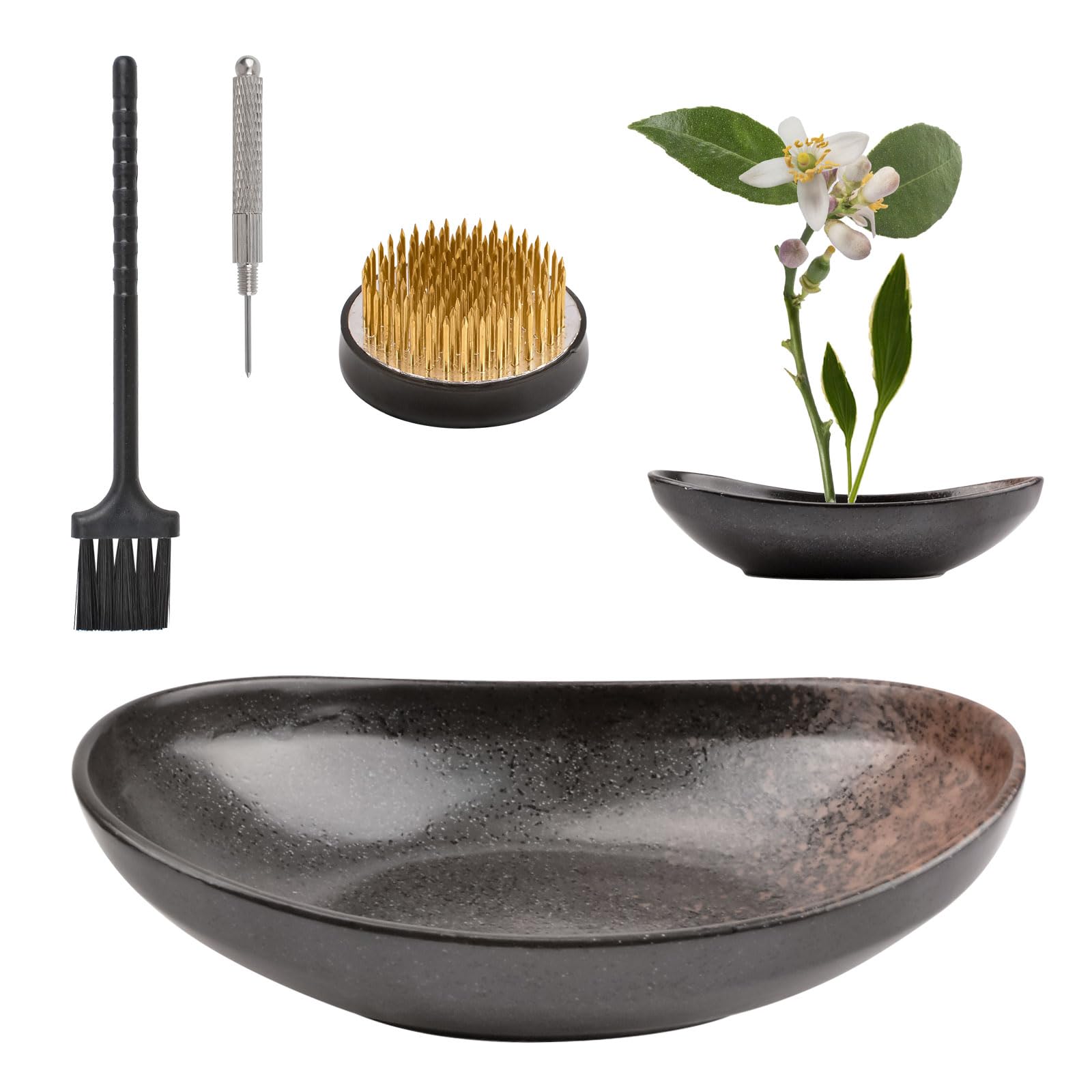 WANDIC Brown Black Flower Arranger Supplies, Ingot Shaped Bowl & 5cm Floral Frog for Ikebana Ceramic Floral Vase Plant Arranging Floristry Container