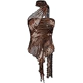 GORGLITTER Women's Y2K Floral Halter Tops Mesh Ruched Frill Trim Punk Country Concert Tops with Scarf