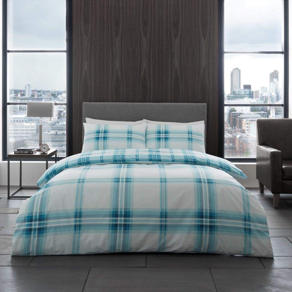 Gaveno Cavailia Bardsley Check Luxurious Bed Set with Duvet Cover and Pillow Cases, Polyester-Cotton, King-Teal