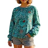 Womens Boho Floral Oversized Crewneck Sweatshirt Casual Paisley Print Long Sleeve Tops Graphic Pullover Sweatshirts for Women