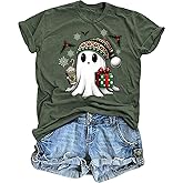 TIXOM Women's Christmas Ghost Shirt Funny Xmas Santa Hat Graphic Short Sleeve Tee Winter Holiday Family Party Matching Tops