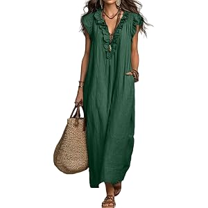 BEIBEINOYA Summer Dresses for Women, V-Neck Ruffle Maxi Dress, Casual Loose-Fitting Sundress, Outfits with Pockets