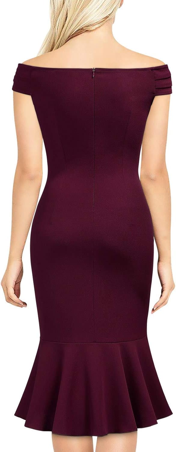 Knitee Women's Off Shoulder V-Neck Ruffle Pleat Waist Bodycon Evening Cocktail Slit Formal Dress: Clothing