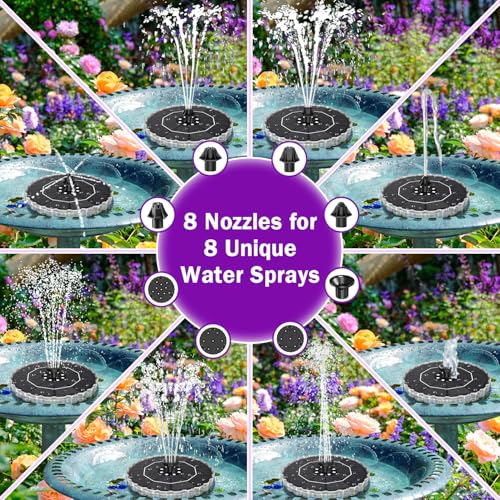 SZMP 3.5W Solar Fountain for Bird Bath with 2000mAh Battery & 3D Color Changing LED Light, Anti-Drift Fixer & 8 Nozzles, Solar Powered Water Fountain Kit for Garden, Patio, Pond