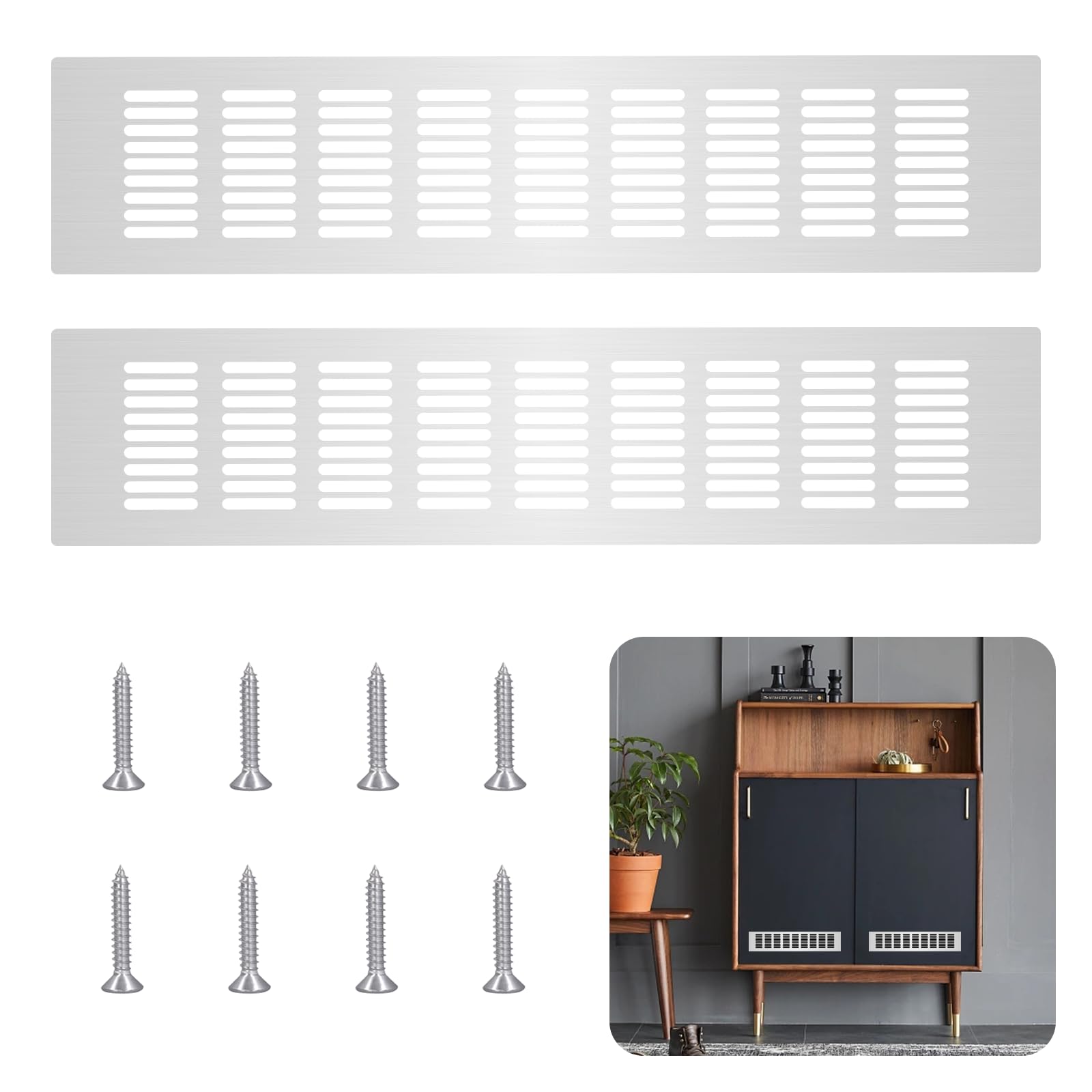 CONNECTION Air Vent Grille Cover 2 Pcs Aluminum Alloy Ventilation Grilles 8 x 40 CM Air Vent Covers for Walls Rectangle Kitchen Plinth Vent Cover Cupboard Vents for Kitchen,Bathroom(Silver)