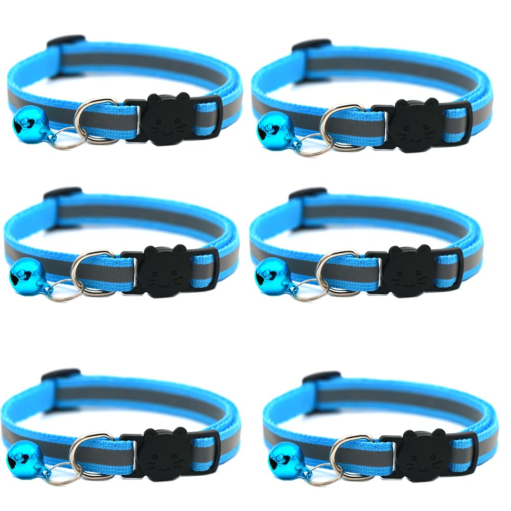 Hepplly 6-Pack Cat Collars Quick Release Reflective Kitten Collar with Bell (Light Blue)