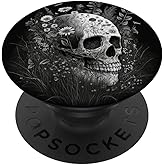 Skull And Wildflowers Floral Black Dark Gothic Horror Skull PopSockets Swappable PopGrip