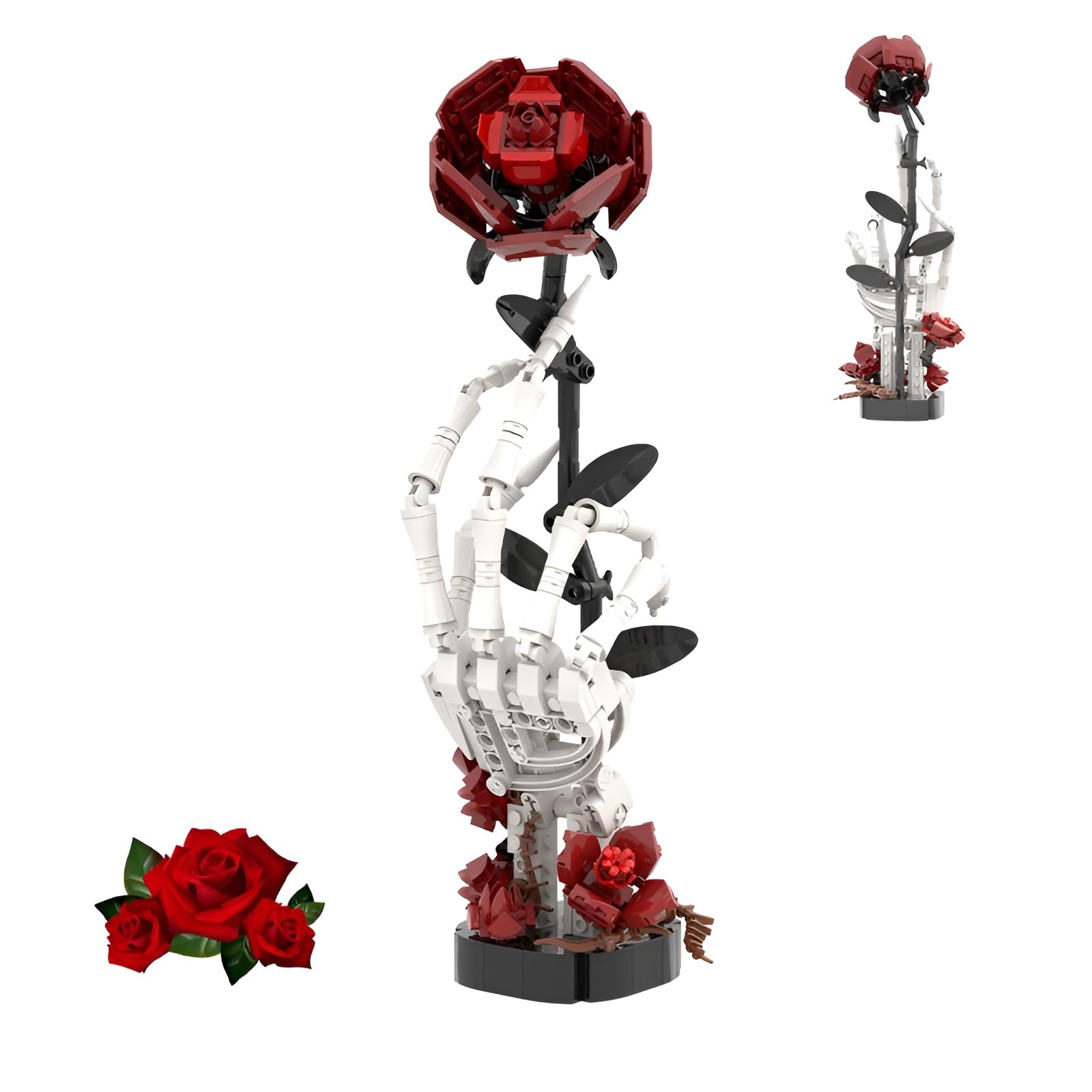 Skeleton Hand Holding Red Rose Building Blocks Set, 357PCS Skull Creative Artificial Flower Bricks Kit, Dark Gothic Model Toys for Decor, Adult Collectible Desk& Unique Gifts for Gothic Enthusiasts