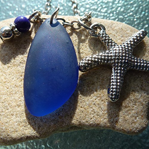 Blue cobalt sea glass necklace ocean talisman on a 24" silver color chain with nautical starfish delicate elegant young beach amulet prime aqua handmade seaglass mermaid rears jewelry mascot