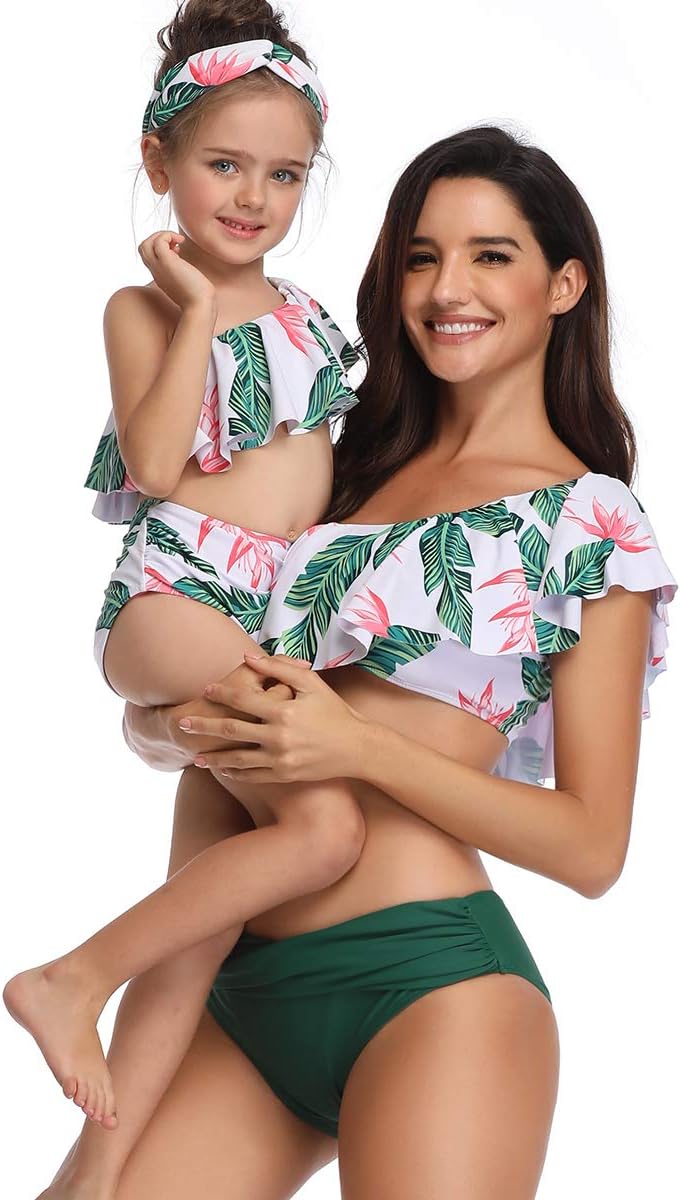 Soyml Mommy and Me Matching Family Swimsuit Women Retro Flounce High Waisted Bikini Set Baby Girls Halter Neck Swimwear