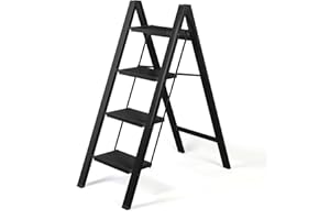 BOWEITI 4 Step Ladder Lightweight Folding Step Stool, Aluminum Portable Lightweight Ladder for Home and Office Use, Anti-Slip Pedal 330 Lbs Capacity Household Stepladder(Black)