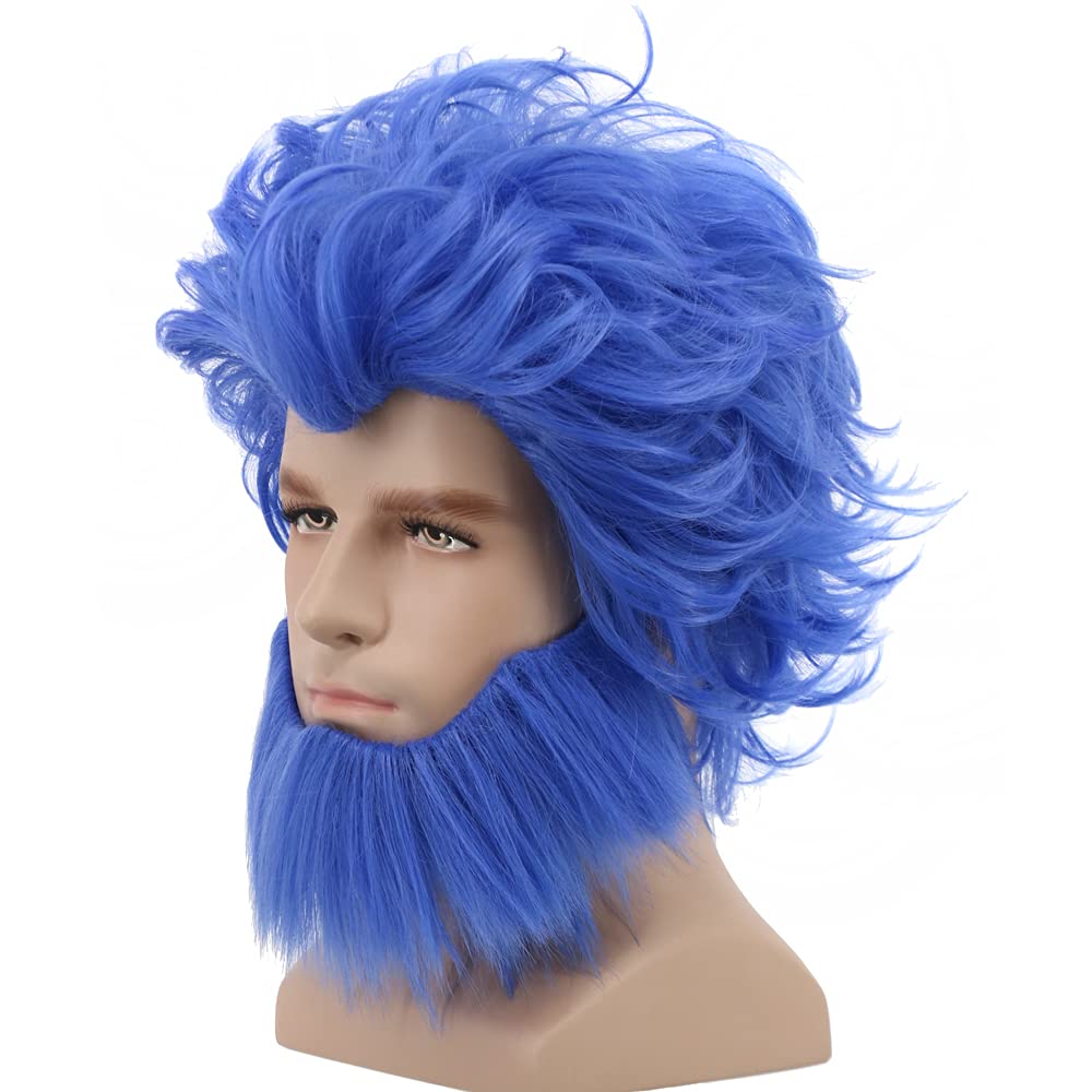 Photo 1 of yuehong Men Short Curly Blue Wig Layered Anime Cosplay Costume with Big Beard Heat Resistant Synthetic Fibers Fluffy Durable Breathable Wig