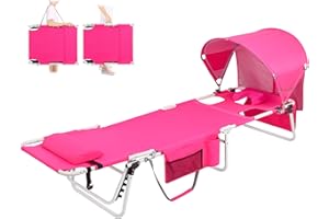 Minndudu Tanning Chair with Sun Canopy Face Hole, Heavy Duty Folding Chaise Lounge Chair 5 Position Reclining for Adults Outside Reading Sunbathing Poolside Beach, UPF 50+ Sun Shade, 300 LBS, Pink