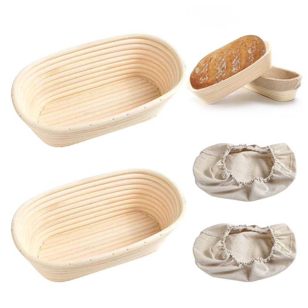 YANGUN 2PCS Banneton Bread Proofing Baskets, 25cm Oval Banneton, Natural Rattan Sourdough With Linen Liner, Natural Rattan Sourdough Proving Basket for Artisan Bread Making NaturalRattan