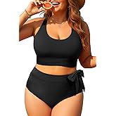 Plus Size Two Piece Swimsuits - Women High Waisted Bikini Scoop Neck Bathing Suit Swimwear