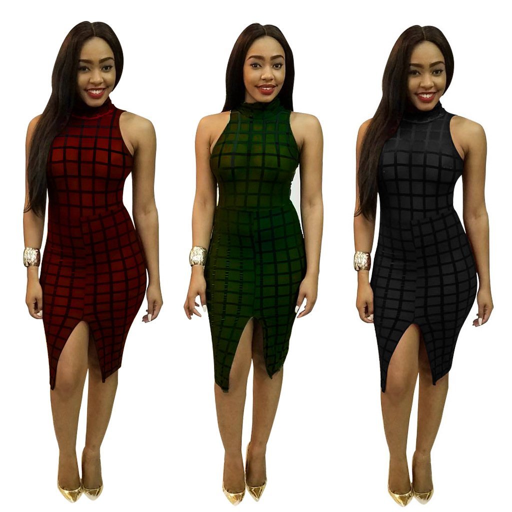 Women\'s Sleeveless See Through Mesh Bandage Bodycon Pencil Split Club Midi Dress