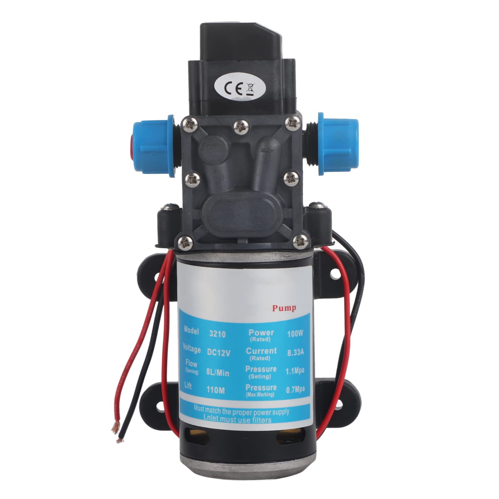 Diaphragm Pump 12V, Qiilu DC 100W 8L/Min 160Psi High Pressure Diaphragm Self Priming for Wash