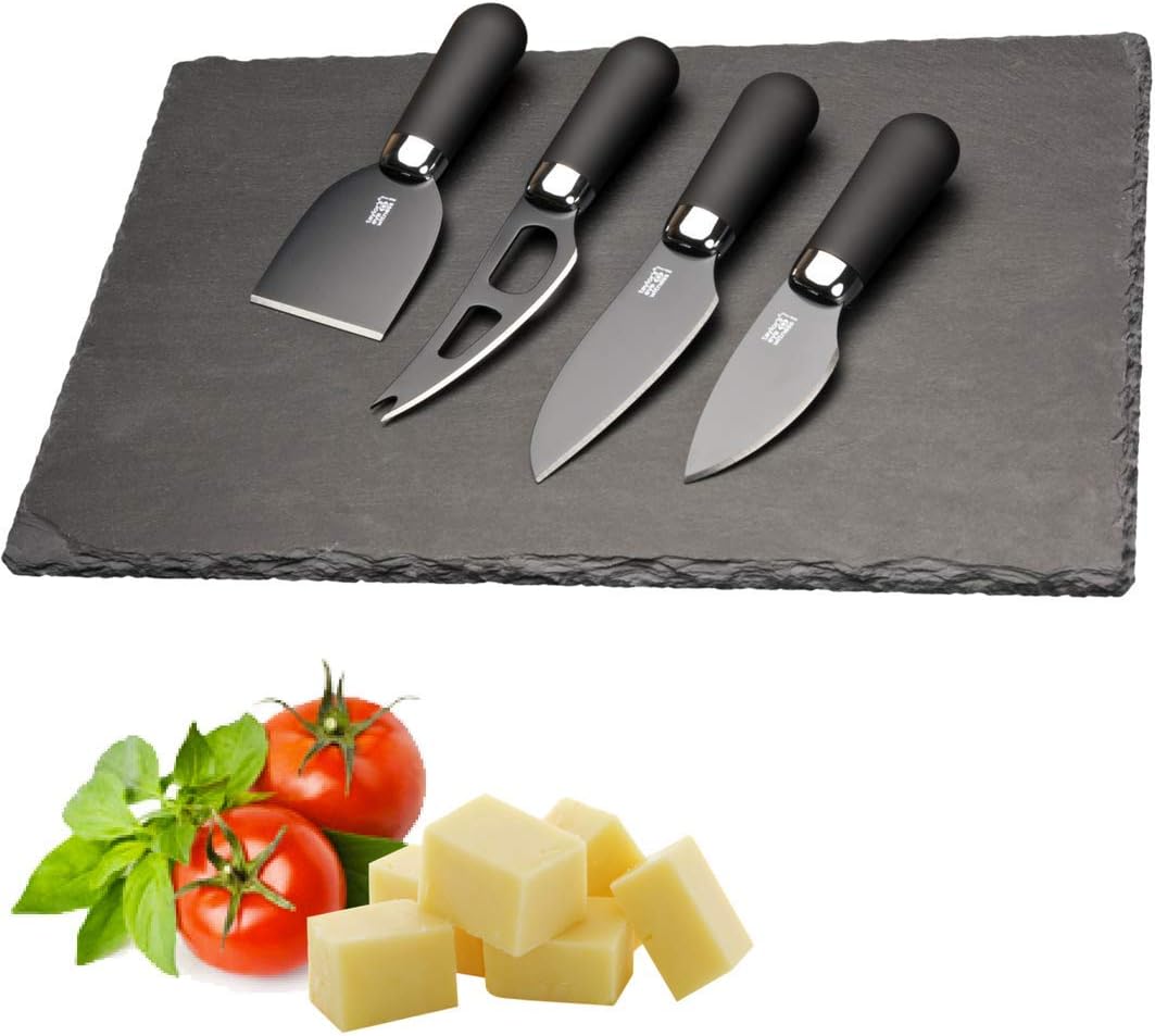 4 Piece Cheese Knife Set including Slate Board, 4pc Set, Matt Black Stainless Steel Blades with Black Comfort Soft Touch