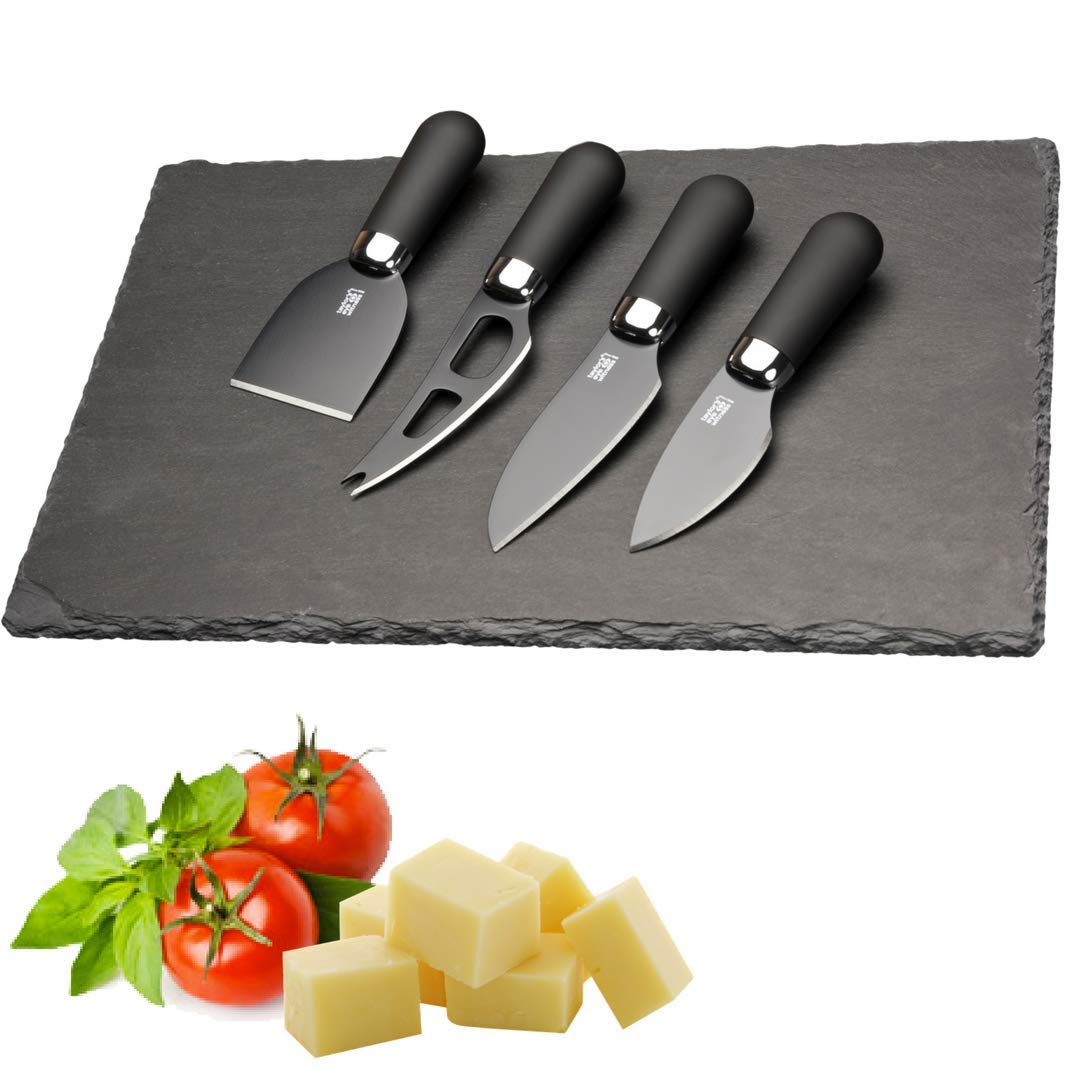4 Piece Cheese Knife Set With Slate Board - 4pc Set, Matt Black Stainless Steel Blades with Black Comfort Soft Touch, Ergonomic Handles, Includes Slate Cutting & Serving Board, 2 Year Guarantee.