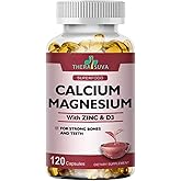 Extra Strength Calcium 1000mg + Magnesium 400mg + D3 + Zinc, Complex Supplement for Bone and Immune Health, 2 Month Supply, 120 Softgels