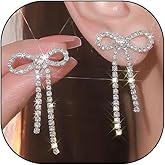 Silver Bow Rhinestone Dangle Earrings for Party,Sparkly Black Crystal Tennis Chain Tassel Ribbon Drop Earrings for Women,Cute Bowknot Coquette Jewelry