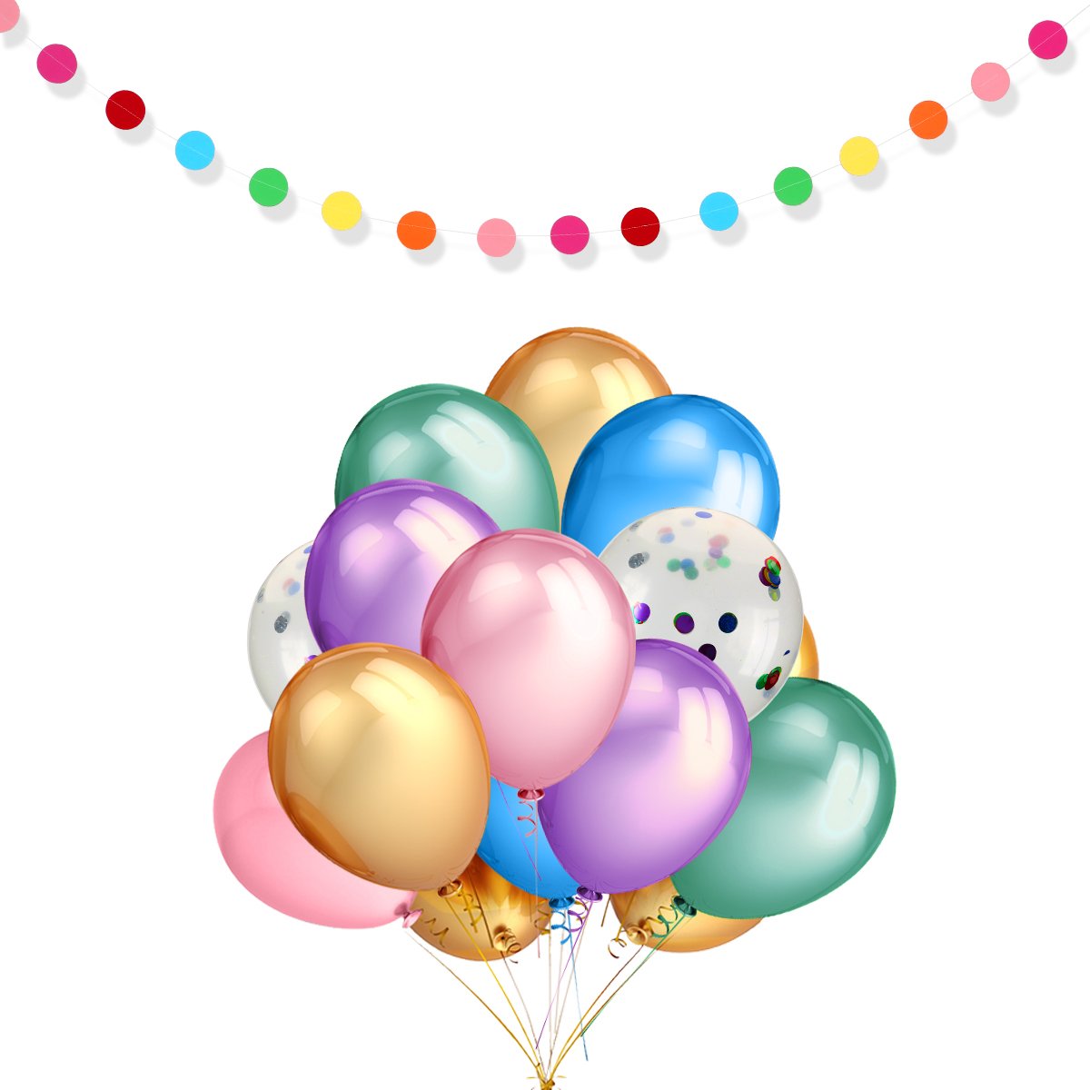 Confetti Balloons 15 Pcs with 12 Inch Assorted Color Latex Balloons (50 Pcs) and 1 Pcs Rainbow Paper Garlands Banner for Wedding Birthday Baby Shower Christmas Party Decorations Supplies