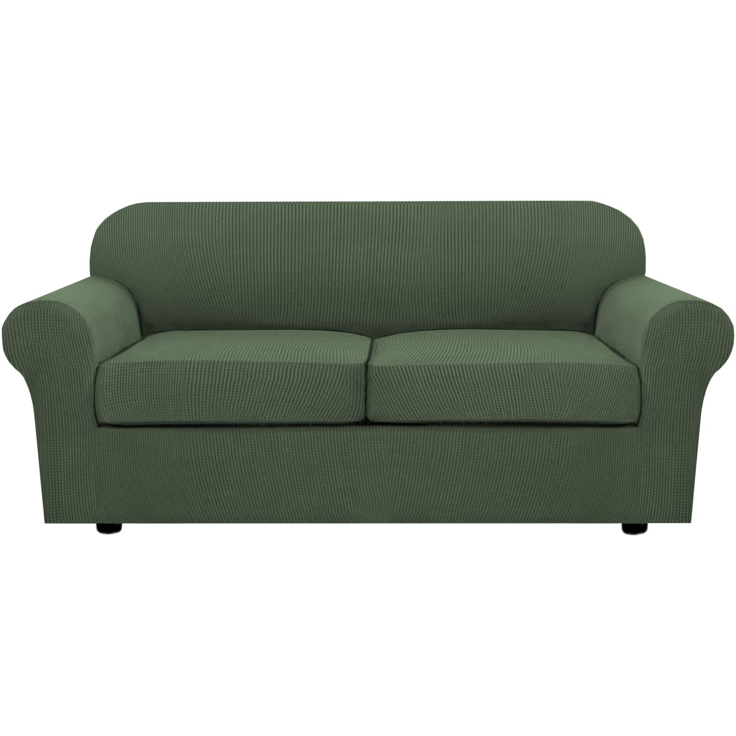 Photo 1 of H.VERSAILTEX 3 Piece Stretch Sofa Covers for 2 Cushion Sofa Couch Covers for Living Room Furniture Cover (Base Cover Plus 2 Seat Cushion Covers) Thicker Jacquard Fabric(Large Sofa, Bronze Green)