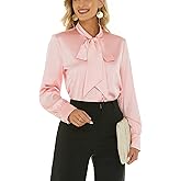 Escalier Women's Silk Blouse Long Sleeve Bow Tie Neck Button Down Shirts Casual Office Work Blouse Tops