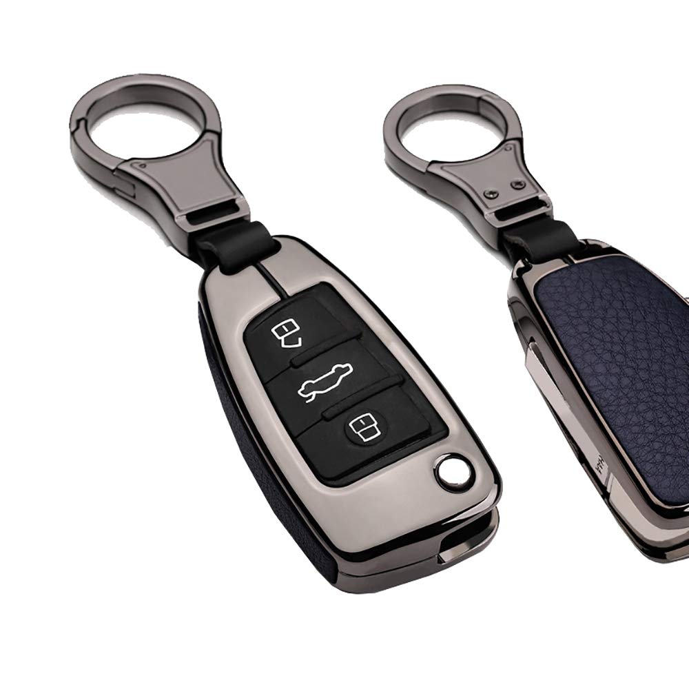 ontto for Audi Car Key Cover Leather Zinc Alloy Key Fob Cover Protector Keyring for Audi a1 a3 a4 a5 a6 a7 tt s3 q5 3-Button Remote Control Car Key Case Accessories Keychain Black Blue