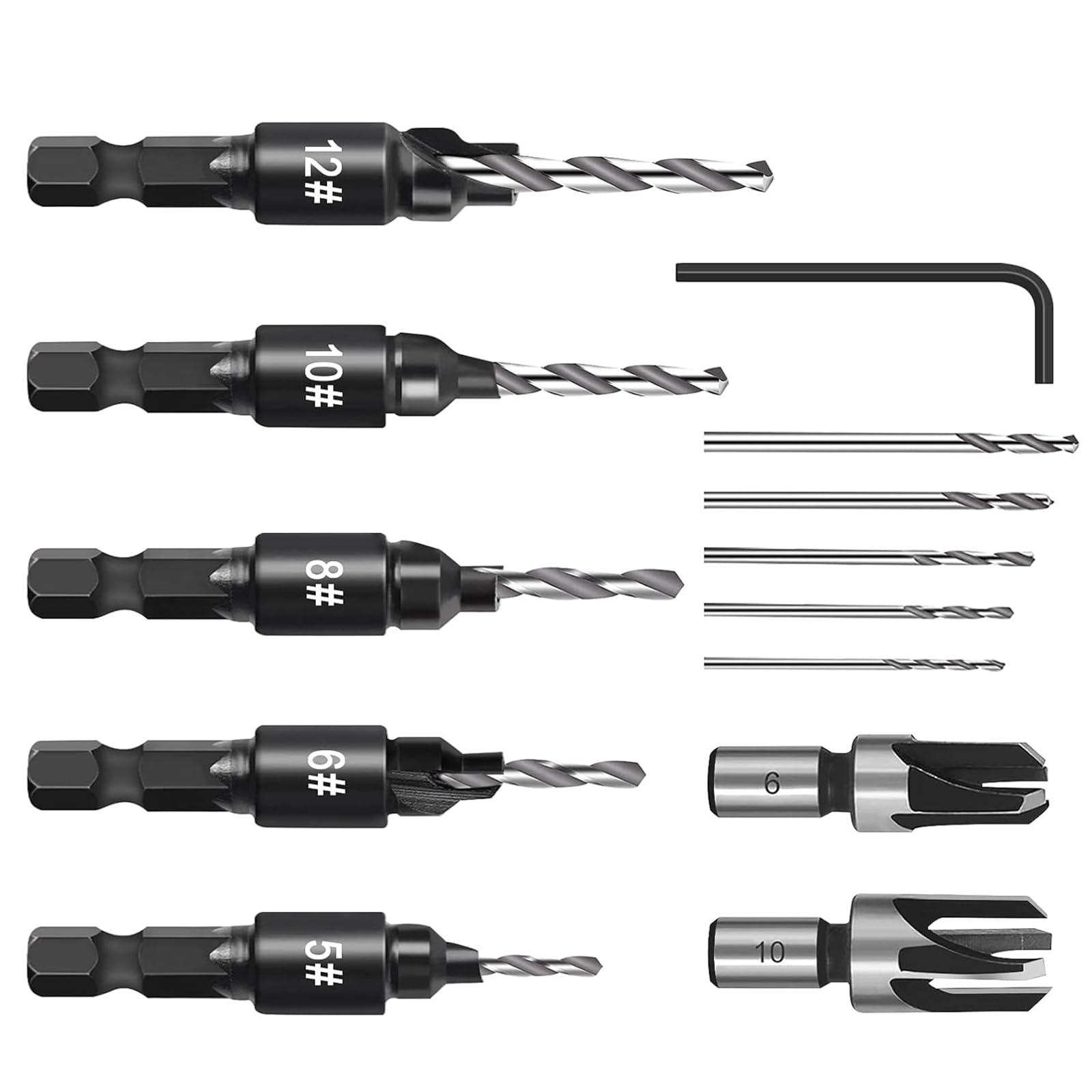 Countersink Drill Bit Set, 5 Piece Plug Cutters for Wood Set, Counter Sink Drill Bits for Wood, Plug Cutter, 1/4" Hex Shank Adjustable Countersink Set 5 Size (#5, 6, 8, 10, 12)