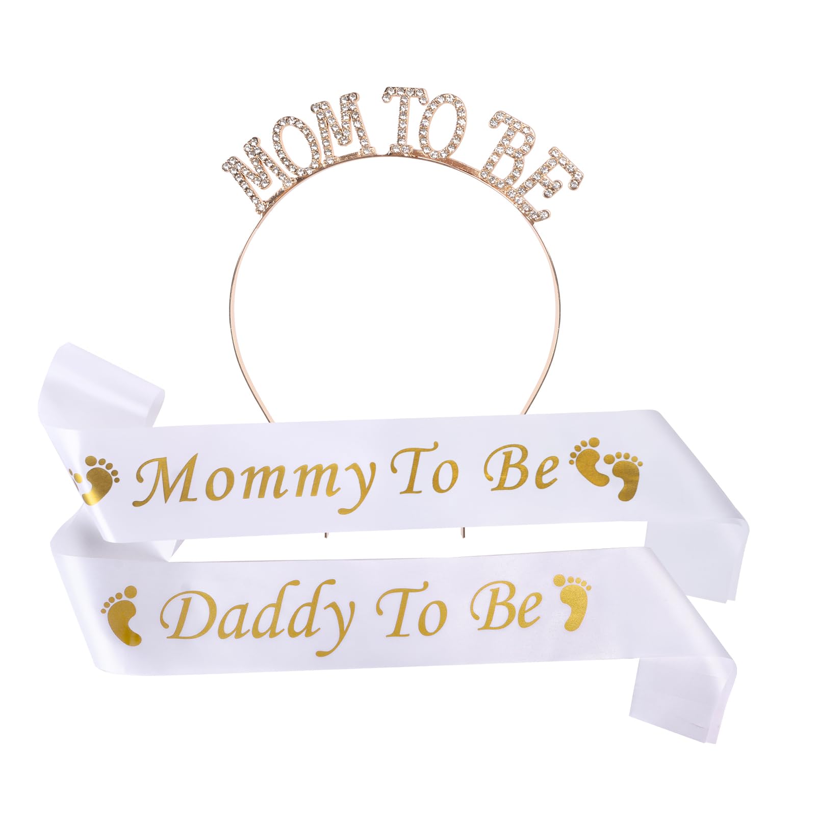 Mommy To Be Sash Daddy To Be Sash 3 PCS White Baby Shower Sash Party Decoration Rhinestone Tiara Crown Headband Mum to Be Crown Hair Jewelry for Pregnant Mother Gift Baby Welcome Party Decoration