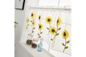 WPKIRA Voile Sheer Valance - Kitchen Window Treatment Voile Valances Rod Pocket Embroidery Sunflower Sheer Tier Curtains for Small Window/French(Sunflower, 2 Panels Per Package, 39"Wide x 21" Long)