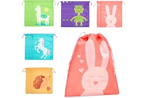 BLUE PANDA 15 Drawstring Bags Animal Party Favor Pouches - 10 x 12 in Reusable Polyester - Five Designs Unicorn, Hedgehog, Rabbit, Llama & Robot - Toddler Birthday Return Gift Bags