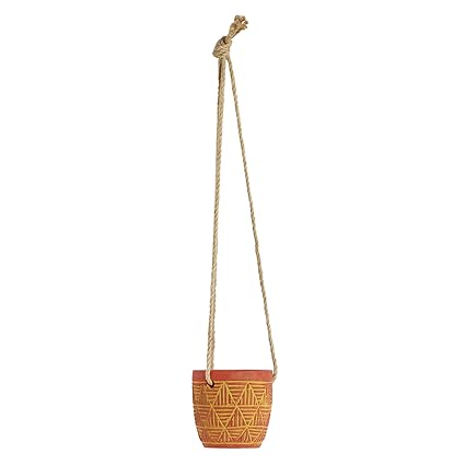 Hand Painted Planter with Hanging Jute Rope - Cement - Green