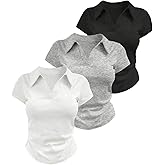 SOLY HUX Women's Collared V Neck T Shirts 3 Packs Slim Fitted Crop Tees Short Sleeve Tops
