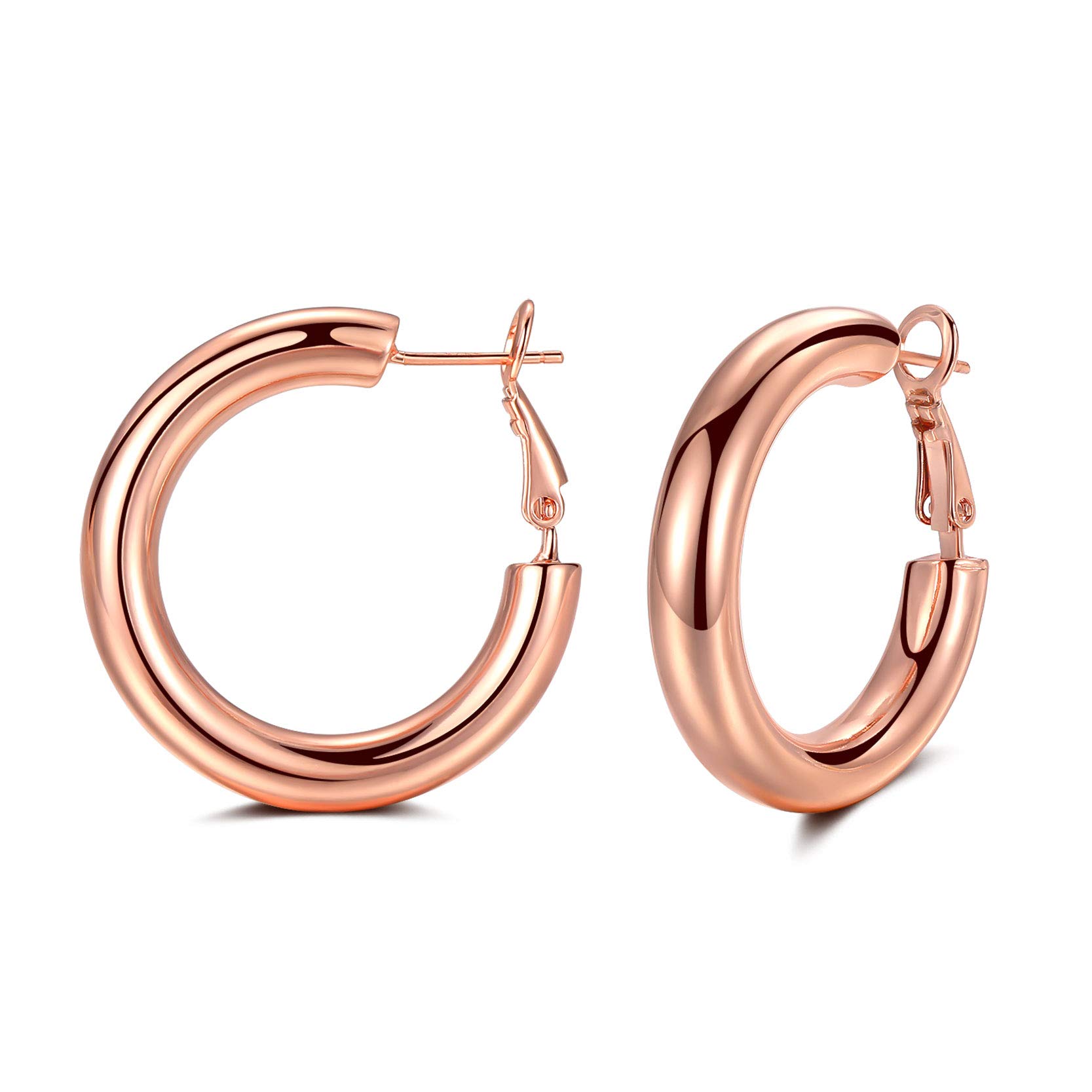 Silver Hoop Earrings for Women, 14k Rose Gold Plated Chunky Lightweight Hoop Earrings, 5mm Thick Hoops | Tube Loop Earrings Jewelry Gifts for Girls, 30mm